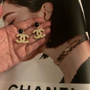 Gold and Black with Faux pearls Logo Earrings